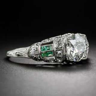 1.32 Carat GIA: J-VVS2 Diamond Art Deco Engagement Ring with Calibre Emeralds