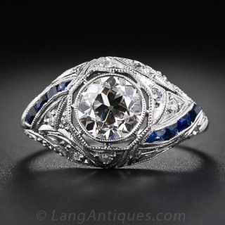 1.34 Carat Diamond and Calibre Sapphire Art Deco Engagement Ring - 1