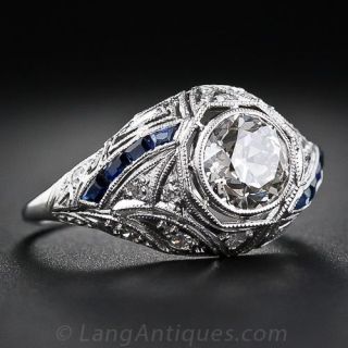 1.34 Carat Diamond and Calibre Sapphire Art Deco Engagement Ring