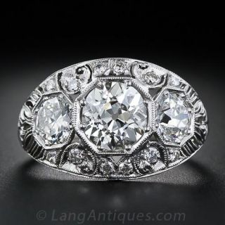 1.35 Carat Center Platinum and Diamond Art Deco Three-Stone Ring - 2
