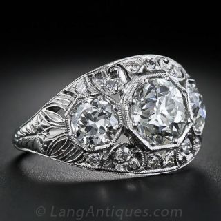 1.35 Carat Center Platinum and Diamond Art Deco Three-Stone Ring