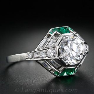 1.35 Carat French Art Deco Diamond and Calibre Emerald Ring