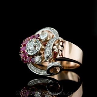 1.35 ct. Center Diamond Retro Ruby and Diamond Ring