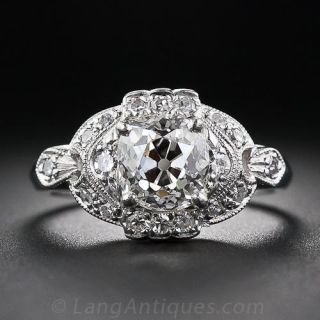 1.37 Carat Cushion-Cut Diamond Art Deco Engagement Ring