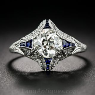 1.37 Carat Diamond and Calibre Sapphire Art Deco Engagemant Ring