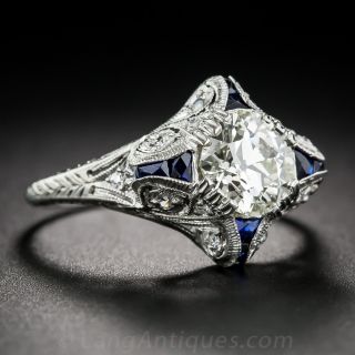 1.37 Carat Diamond and Calibre Sapphire Art Deco Engagemant Ring