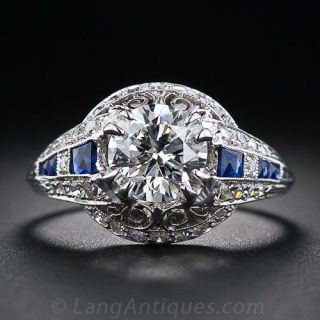 1.40 Carat Diamond and Sapphire Art Deco Ring in Platinum - 2