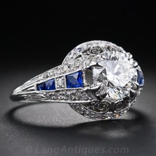 1.40 Carat Diamond and Sapphire Art Deco Ring in Platinum
