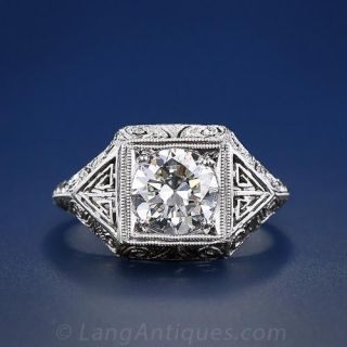 1.45 Carat  Art Deco Diamond Ring with Large Scale Platinum Mounting