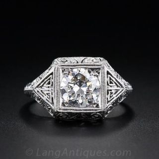 1.45 Carat  Art Deco Diamond Ring with Large Scale Platinum Mounting