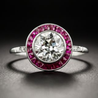 1.48 Carat Diamond and Calibre Ruby Halo Ring