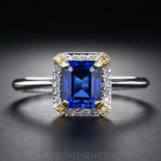 1.48 Carat Emerald-Cut Sapphire and Diamond Estate Ring