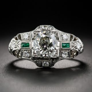 1.50 Antique Cushion-Cut Art Deco Diamond Ring with Emerald Accents