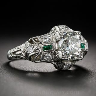 1.50 Antique Cushion-Cut Art Deco Diamond Ring with Emerald Accents