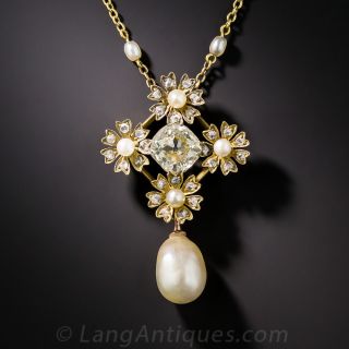 1.50 Carat Cushion Diamond and Natural Pearl Necklace