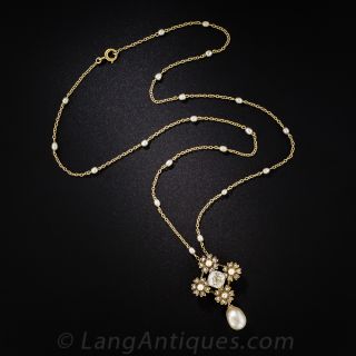 1.50 Carat Cushion Diamond and Natural Pearl Necklace