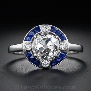 1.55 Carat Deco Style Cushion-Cut Diamond and Sapphire Halo Ring