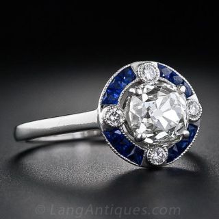 1.55 Carat Deco Style Cushion-Cut Diamond and Sapphire Halo Ring