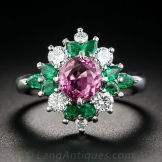 1.59 Carat No Heat Pink Sapphire, Emerald and Diamond Ring 