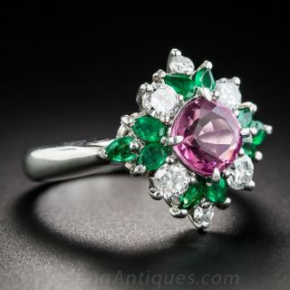 1.59 Carat No Heat Pink Sapphire, Emerald and Diamond Ring 