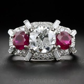 1.60 Carat Diamond and Ruby Three-Stone Ring in Platinum