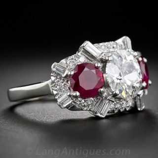 1.60 Carat Diamond and Ruby Three-Stone Ring in Platinum