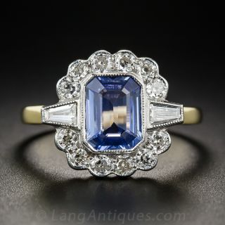 1.60 Carat Vintage Style Emerald Cut Sapphire and Diamond Ring