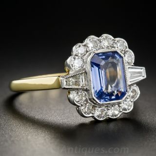 1.60 Carat Vintage Style Emerald Cut Sapphire and Diamond Ring