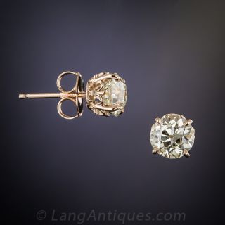 1.70 Carat Old Mine Diamond Stud Earrings in Rose Gold