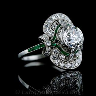 1.71 ct. Center Edwardian Diamond Ring with Emerald Calibre
