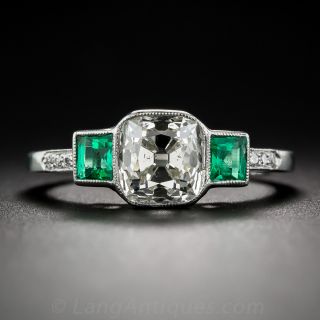 1.73 Carat Antique Cushion Diamond and Emerald Ring
