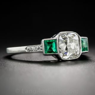 1.73 Carat Antique Cushion Diamond and Emerald Ring