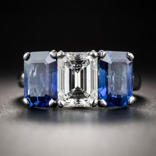 1.73 Carat Emerald-Cut Diamond and No-Heat Sapphire Three-Stone Ring - GIA F/VVS1  - 1