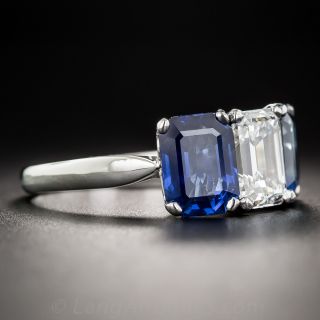 1.73 Carat Emerald-Cut Diamond and No-Heat Sapphire Three-Stone Ring - GIA F/VVS1 