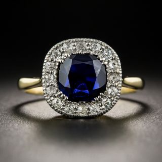 1.76 Carat No-Heat Cushion Cut Sapphire and Diamond Edwardian Ring