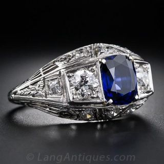 1.81 Carat Sapphire, Platinum and Diamond Art Deco Ring