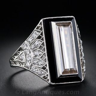 1.82 Carat Cognac Diamond Baguette and Onyx and Diamond Art Deco Ring