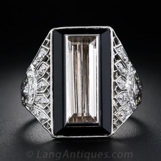 1.82 Carat Cognac Diamond Baguette and Onyx and Diamond Art Deco Ring