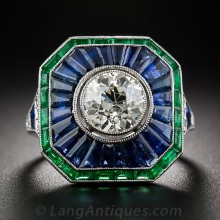 1.85 Carat European-Cut Diamond, Calibre Sapphire and Emerald Art Deco Style Ring   - 2