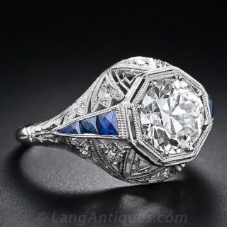 Art Deco Diamond Ring with Sapphire Calibre - GIA 1.87 Ct K VS1