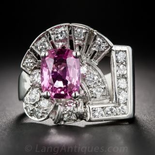 1.87 Carat Pink Sapphire, Platinum and Diamond Art Deco Ring