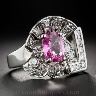 1.87 Carat Pink Sapphire, Platinum and Diamond Art Deco Ring