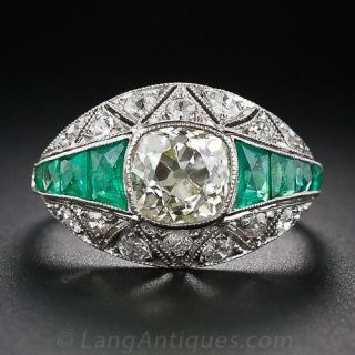 1.90 Carat Art Deco Diamond Engagement Ring with Calibre Emeralds