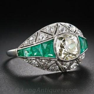 1.90 Carat Art Deco Diamond Engagement Ring with Calibre Emeralds