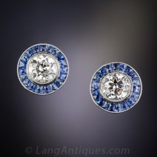 1.90 Carat Art Deco Style Diamond and Sapphire Ear Studs