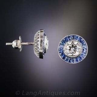 1.90 Carat Art Deco Style Diamond and Sapphire Ear Studs