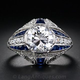 1.95 Carat  G-VS1 Art Deco Diamond and Calibre Sapphire Ring