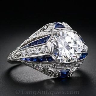 1.95 Carat  G-VS1 Art Deco Diamond and Calibre Sapphire Ring