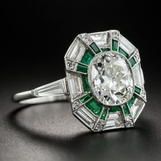 1.96 Carat Diamond Art Deco Style Diamond and Calibre Emerald Ring - GIA K SI2