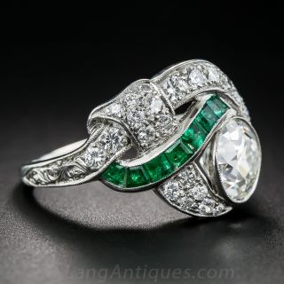 1.97 Carat Center Diamond and Emerald Art Deco Ring